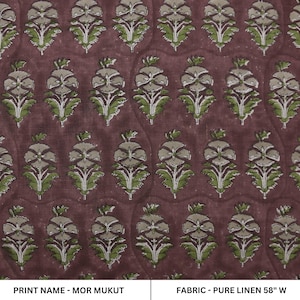 Block print handmade art pure linen 58&quot;wide fabric for window curtains, pillows, cushions, lampshade, napkins, upholstery linen - MOR MUKUT