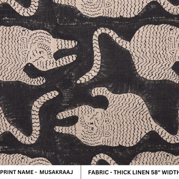 Thick Linen 58" Wide Indian hand block floral print, fabric by the yard, hand made upholstery sofa cover - MUSAKRAAJ