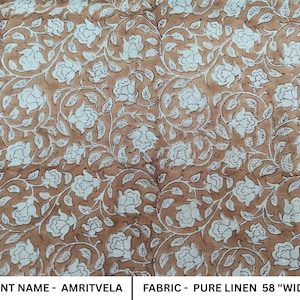AMRITVELA BROWN | Mini Floral Block Print | Indian Hand Block Print | Natural Pure Linen Fabric | | pillow,Cushion,Upholstery