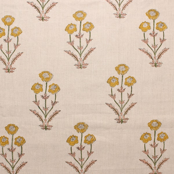 AMITABH FLOWER - Best Floral Hand Block Print Fabric - Natural Linen 58"inch Wide - Strong/durable  200 GSM -  By The Yard Linen