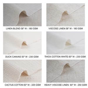 six different fabric swatches, each with varying widths and textures, including linen blends, duck canvas, thick cotton white, cactus cotton, and heavy visose linen.