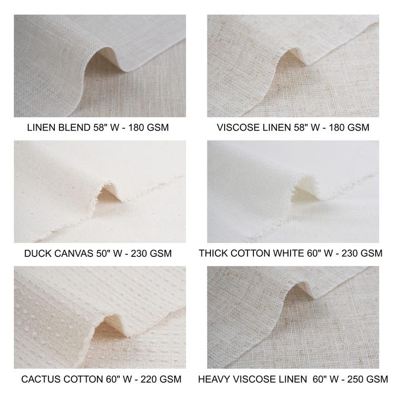 six different fabric swatches, each with varying widths and textures, including linen blends, duck canvas, thick cotton white, cactus cotton, and heavy visose linen.