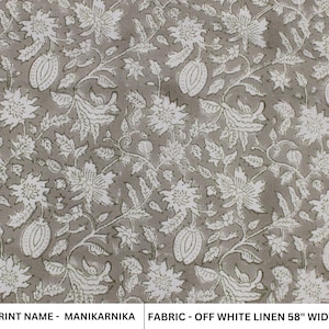 gebroken wit linnen 58" breed, blokprint, op maat gesneden linnen, Indiase kussenstof, bank- en tafelkleed, bloemenprint - MANIKARNIKA