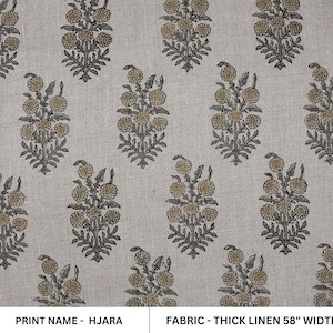 Block Print Thick Linen 58&quot; Wide, Floral Fabric, Indian Cushion Cover, Farmhouse, Mustard Fabric, Throw Pillow - Hjara