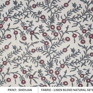 Linen floral block print, handmade print fabric for couch cover and drapery linen, boho decorative flower fabric cushion and pillow- SHEHJAN