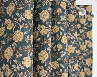Linen Block Print Curtain Room Decor Floral Handmade Farmhouse Curtain Indian Fabric For Curtain Linen Grommet - FAB - RAMESHWARAM