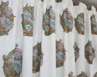 Hand Block Printed Linen Curtain Panel, Boho Window Drapery, Colored Linen, Floral Block Print Curtain, Ring Top Panel -FAB-SANDHYA PUSHP