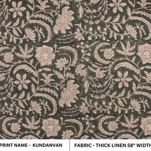 Thick Linen 58" Wide, Handmade Natural Fabric Green Floral Print, Farmhouse Decorative Pillows and Table Cloth - KUNDANVAN