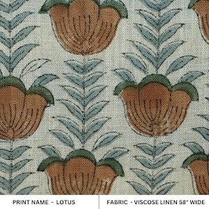 Floral Block Print Viscose Linen Fabric 58" Wide, Handmade Textile for Boho and Farmhouse Curtains, Couch Cushions & Drapery - LOTUS