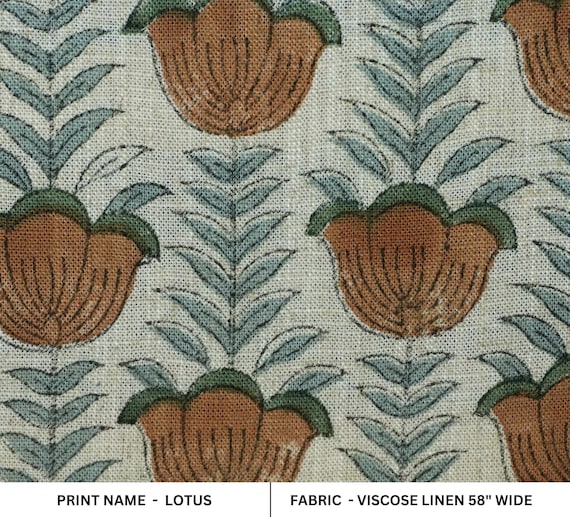 Floral Block Print Viscose Linen Fabric 58" Wide, Handmade Textile for Boho and Farmhouse Curtains, Couch Cushions & Drapery - LOTUS