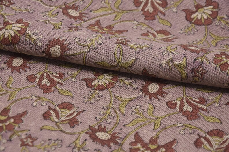 Linen Block Print Fabric 58 Inch Width Heavy Weight Linen Natural Base Color Curtains and Drapes Upholstery Handmade Art Pillow Covers Tablecloths and Runners Bedding Tote Bag Lampshades Napkins