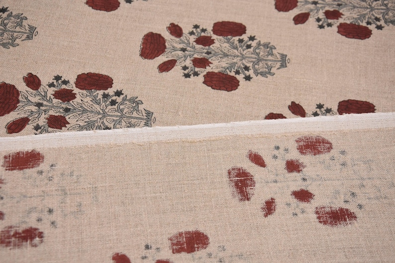 58" Wide Thick Linen Fabric | Red Hand Block Print Textile | Outdoor Pillow Covers, Curtains, Table Covers & Home Decor Material - SWADESH image 4