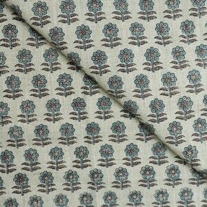 Teal blue with brown floral block print hand block print fabric, Indian block print, fabric for curtain, tablecloth, viscose linen - ANAMIKA image 4