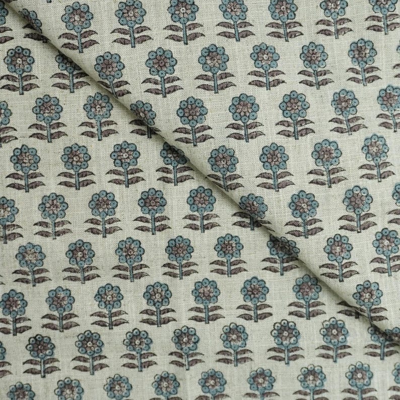 Teal blue with brown floral block print hand block print fabric, Indian block print, fabric for curtain, tablecloth, viscose linen - ANAMIKA image 4