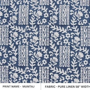 Pure Linen 58" wide, Hand Block Print, luxury Linen fabric, upholstery indian fabric, handloom cushion  - Mumtaj