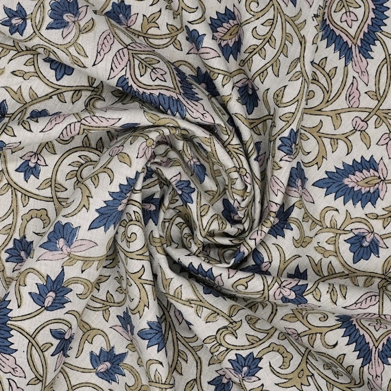 Indian Hand Block Print Heavy Linen Blend Fabric Designer