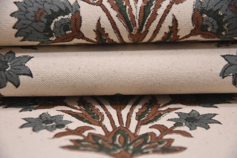 Thick Cotton Block Print Fabric 44 Inch Width Medium Weight Beige Base Color Curtains and Drapes Pillow Covers Bedding Tote Bag Lampshades Napkins by Fabritual