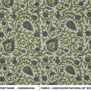 Tela con estampado floral verde, vino y gris, estampada a mano en bloque sobre tela natural de mezcla de lino, telas para manteles, servilletas - HAWAMAHAL