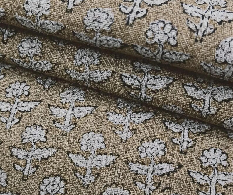 Linen Block Print Fabric 58 Inch Width Heavy Weight Linen Natural Base Color Curtains and Drapes Upholstery Handmade Art Pillow Covers Tablecloths and Runners Bedding Tote Bag Lampshades Napkins