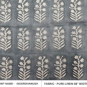 Tecido de linho puro natural com estampa floral feita à mão, 147 cm de largura, vendido por metro. Ideal para - INDERDHANUSH