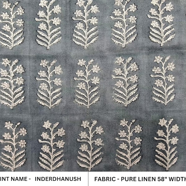 Floral Hand Block Print Pure Linen Fabric 58" Wide, Natural Linen by Yard for Curtains, Upholstery & Home Décor - INDERDHANUSH