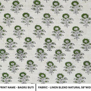 Green leaf motif on natural linen blend fabric, featuring Indian handmade block print art, perfect for farmhouse decor, cushions, and table linens.