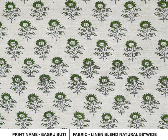 Green Leaf Pattern Linen Blend Natural Fabric Home Decor Fabric Indian Hand Block Print Best Cushion Fabric Heavy Weight - BAGRU BUTI