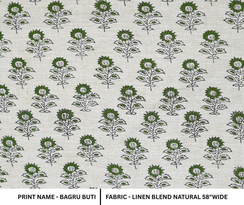 Green leaf motif on natural linen blend fabric, featuring Indian handmade block print art, perfect for farmhouse decor, cushions, and table linens.