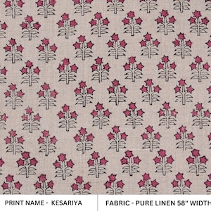 Hand Block Print, Pure Linen 58&quot; Wide, Floral Printed, Sewing Fabric, Pillow Cushion Cover, Upholstery Linen - KESARIYA