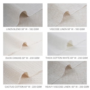 six different fabric swatches, each with varying widths and textures, including linen blends, duck canvas, thick cotton white, cactus cotton, and heavy visose linen.