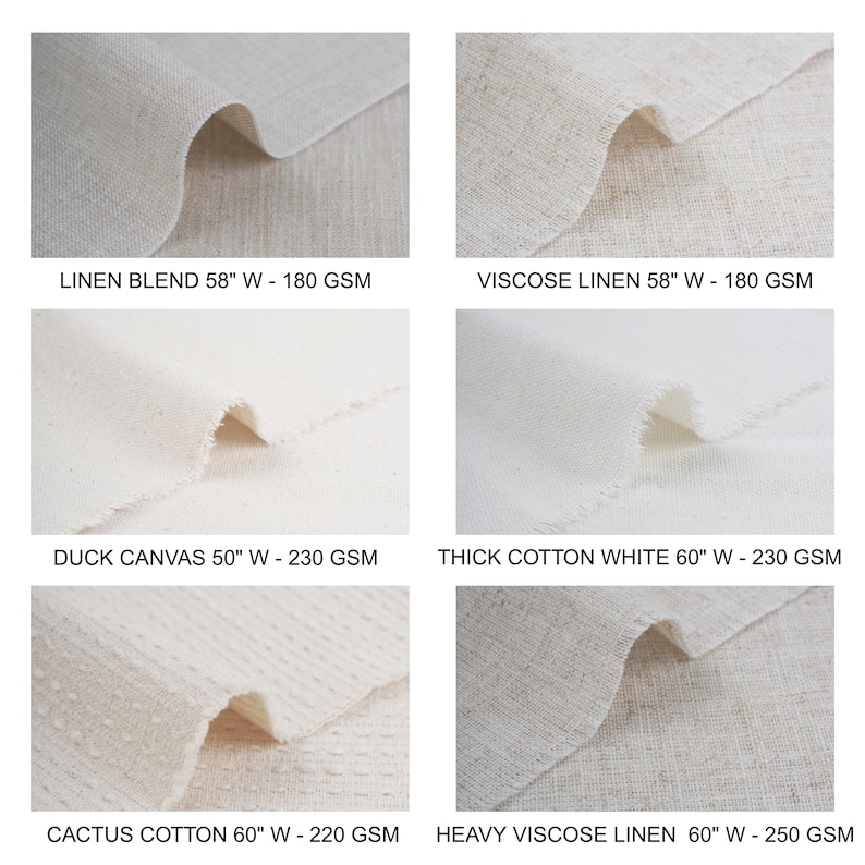 six different fabric swatches, each with varying widths and textures, including linen blends, duck canvas, thick cotton white, cactus cotton, and heavy visose linen.