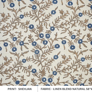 Linen floral block print, handmade print fabric for couch cover and drapery linen, boho decorative flower fabric cushion and pillow- SHEHJAN