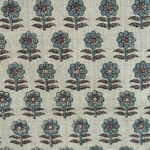 Teal blue with brown floral block print hand block print fabric, Indian block print, fabric for curtain, tablecloth, viscose linen - ANAMIKA image 2