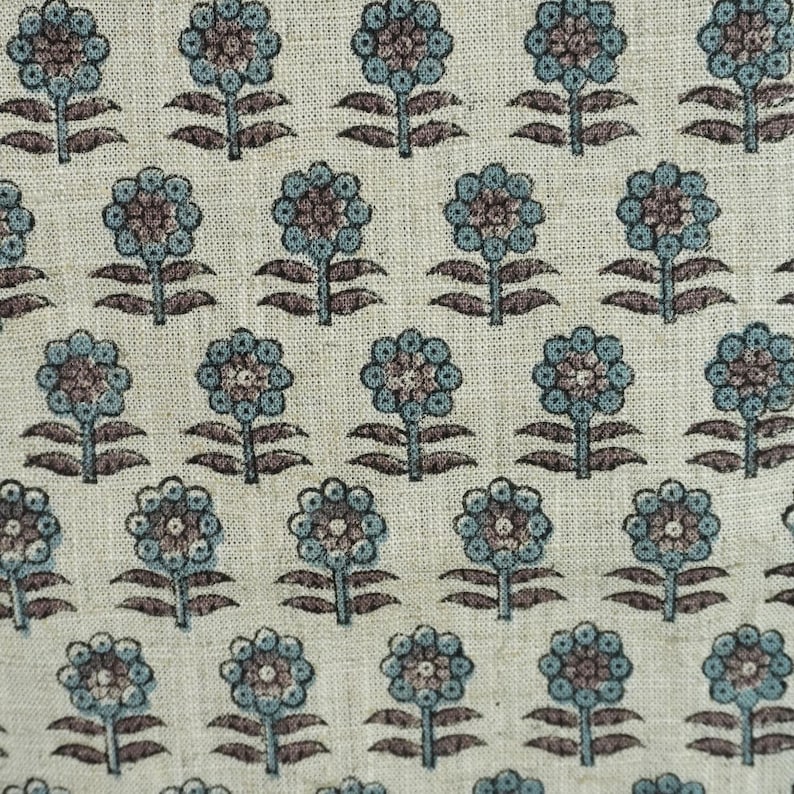 Teal blue with brown floral block print hand block print fabric, Indian block print, fabric for curtain, tablecloth, viscose linen - ANAMIKA image 2