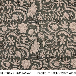 Lino grueso de 147 cm de ancho, hecho a mano, con estampado floral verde, cojines decorativos rústicos y mantel - KUNDANVAN