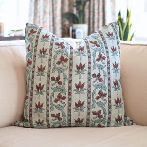 Block print cushion cover, designer floral pillow cover, printed handmade couch cover, linen blend natural Indian fabric pillow - LAKSHMI