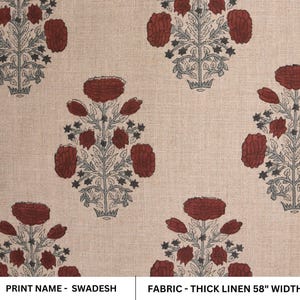 58" Wide Thick Linen Fabric | Red Hand Block Print Textile | Outdoor Pillow Covers, Curtains, Table Covers & Home Decor Material - SWADESH