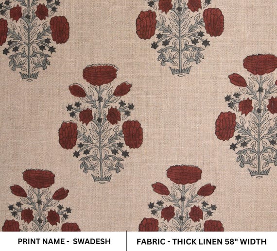 58" Wide Thick Linen Fabric | Red Hand Block Print Textile | Outdoor Pillow Covers, Curtains, Table Covers & Home Decor Material - SWADESH