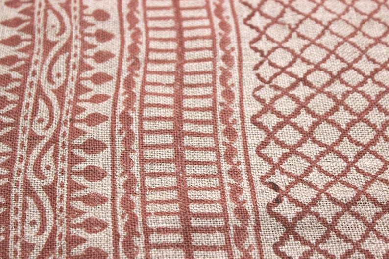 Linen Block Print Fabric 58 Inch Width Heavy Weight Linen Natural Base Color Curtains and Drapes Upholstery Handmade Art Pillow Covers Tablecloths and Runners Bedding Tote Bag Lampshades Napkins by Fabritual