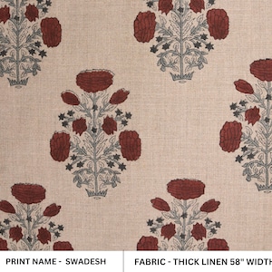 Thick Linen 58" Wide, Red Outdoor Pillow Cover, Handmade Block Print, Decorative Curtain and Table Cover - SWADESH