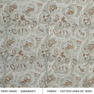 Block print floral handmade linen, decorative curtain and tablecloth, gray linen fabric, Indian printed linen, napkin - SARASWATI