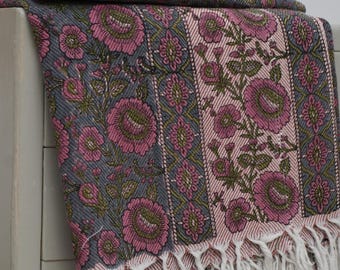 Handmade Throws, Winter blankets, hand block print blankets and throws, blankets for sofa and couch, handwoven handloom fabric - SUNFLOWER