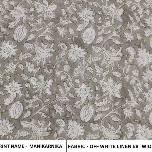 off white linen 58" wide, block print, linen by yard, indian cushion fabric, sofa and table cloth, floral  print - MANIKARNIKA