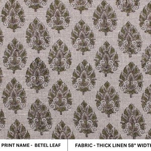 Hand block print, Thick Linen 58&quot; Wide, Indian fabric, Floral Print, Linen Fabric By The Yard, Natural Linen - Betel Leaf
