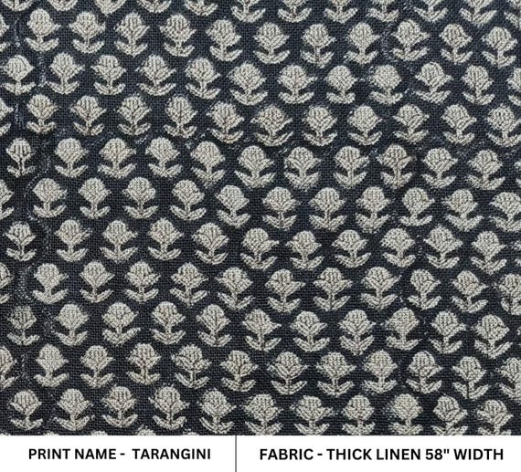 Block Print, Thick Linen 58" Wide, Genuine Fabric, Black Floral Print, Table Cloth, Indian Cushion Cover - TARANGINI