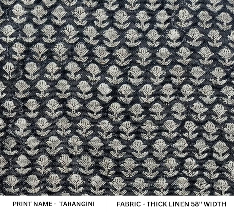 Linen Block Print Fabric 58 Inch Width Heavy Weight Linen Natural Base Color Curtains and Drapes Upholstery Handmade Art Pillow Covers Tablecloths and Runners Bedding Tote Bag Lampshades Napkins by Fabritual