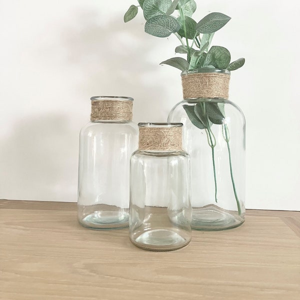 Vase à col de bouteille - décoré de jute naturel - décoration intérieure - style boho - herbe de pampa - vase rustique - vase bouteille en verre - décoration de ferme