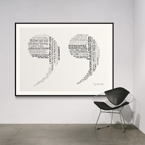 May include: A framed wall art print featuring two large quotation marks composed of black text on a light background. The left mark contains the phrase 'Either you run the day or the day runs you' and the right mark includes 'Not a complete sentence'.