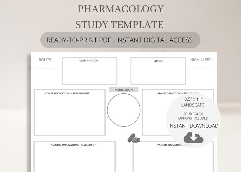 Pu&ograve; includere: Un modello di studio di farmacologia stampabile in formato orizzontale. Il modello include sezioni per farmaci, via di somministrazione, classificazione, azione, controindicazioni, reazioni avverse, implicazioni infermieristiche ed educazione del paziente. Il modello misura 21,6 cm per 27,9 cm ed &egrave; disponibile per il download immediato.