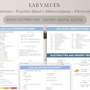 Lab Value Reference Sheet | Electrolytes and Memory Tricks, Printable Lab Values Cheat Sheet,  Digital Lab Value Template